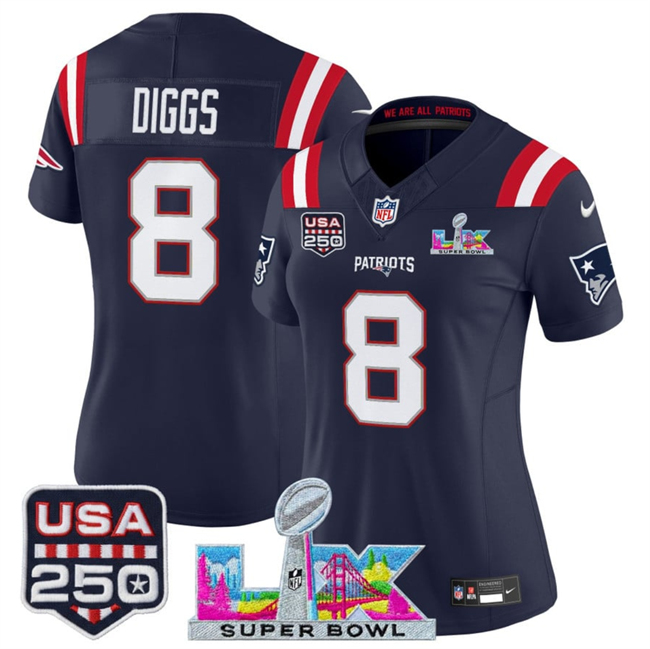 Women's New England Patriots #8 Stefon Diggs Navy 2025 F.U.S.E. Super Bowl LX Patch And USA 250' Patch Vapor Limited Football Stitched Jersey(Run Small)